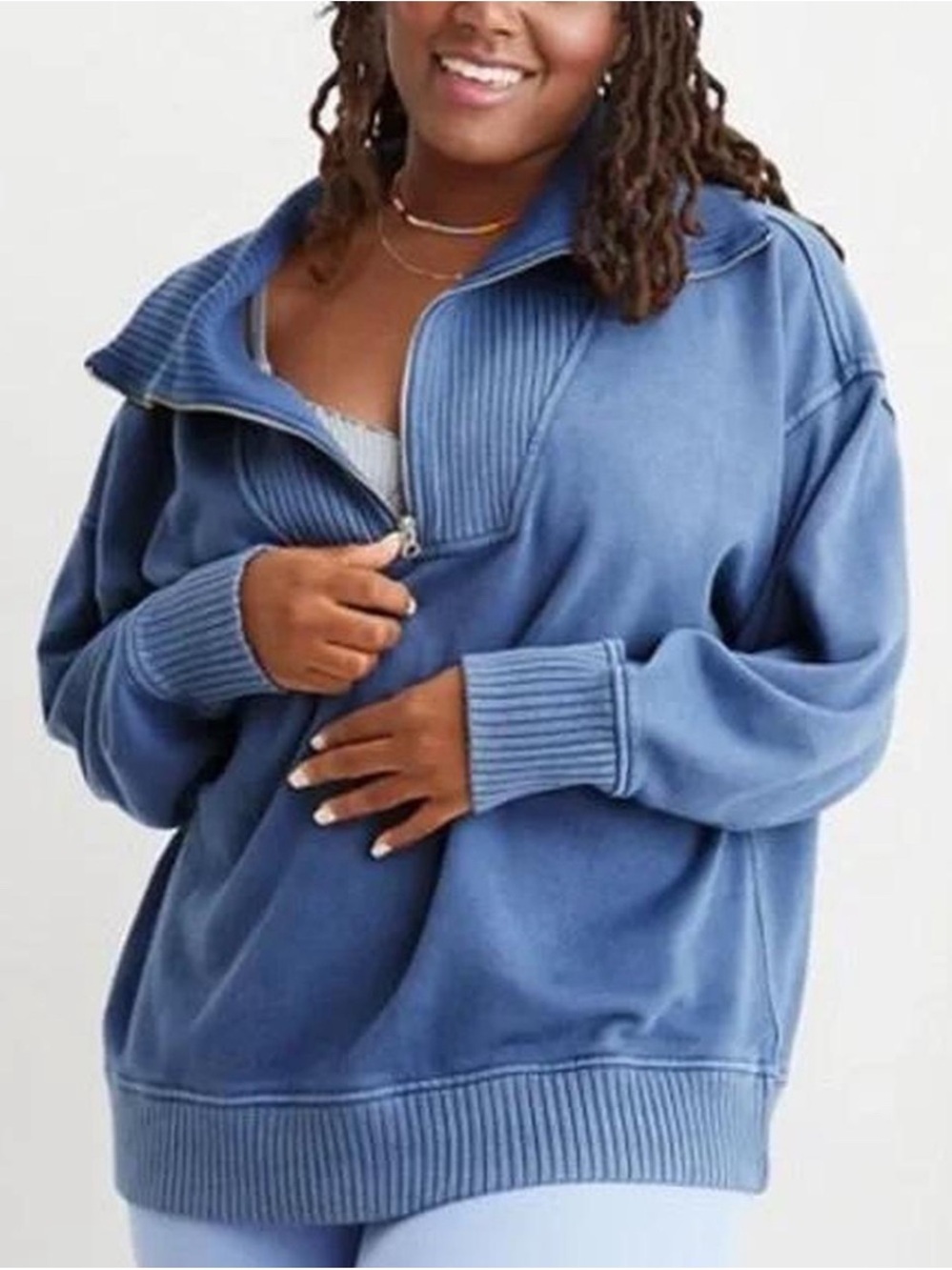 aerie Down to Earth Blue Oversized Quarter Zip Pullover Sweatshirt Size XL Cozy